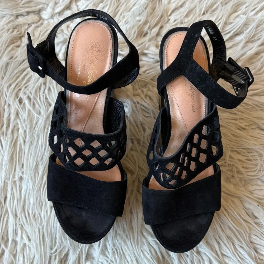 Robert Clergerie Black Suede Laser Cut Platform Heel Color Block Sandal EUC 38.5